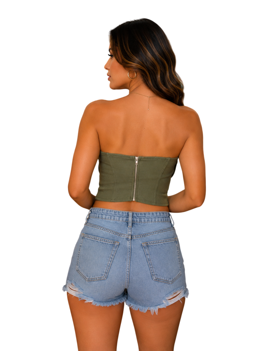 Olive Structured Strapless Corset Top - Back View