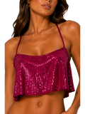Hot Pink Sequin Ruffle Halter Crop Top - Close Up