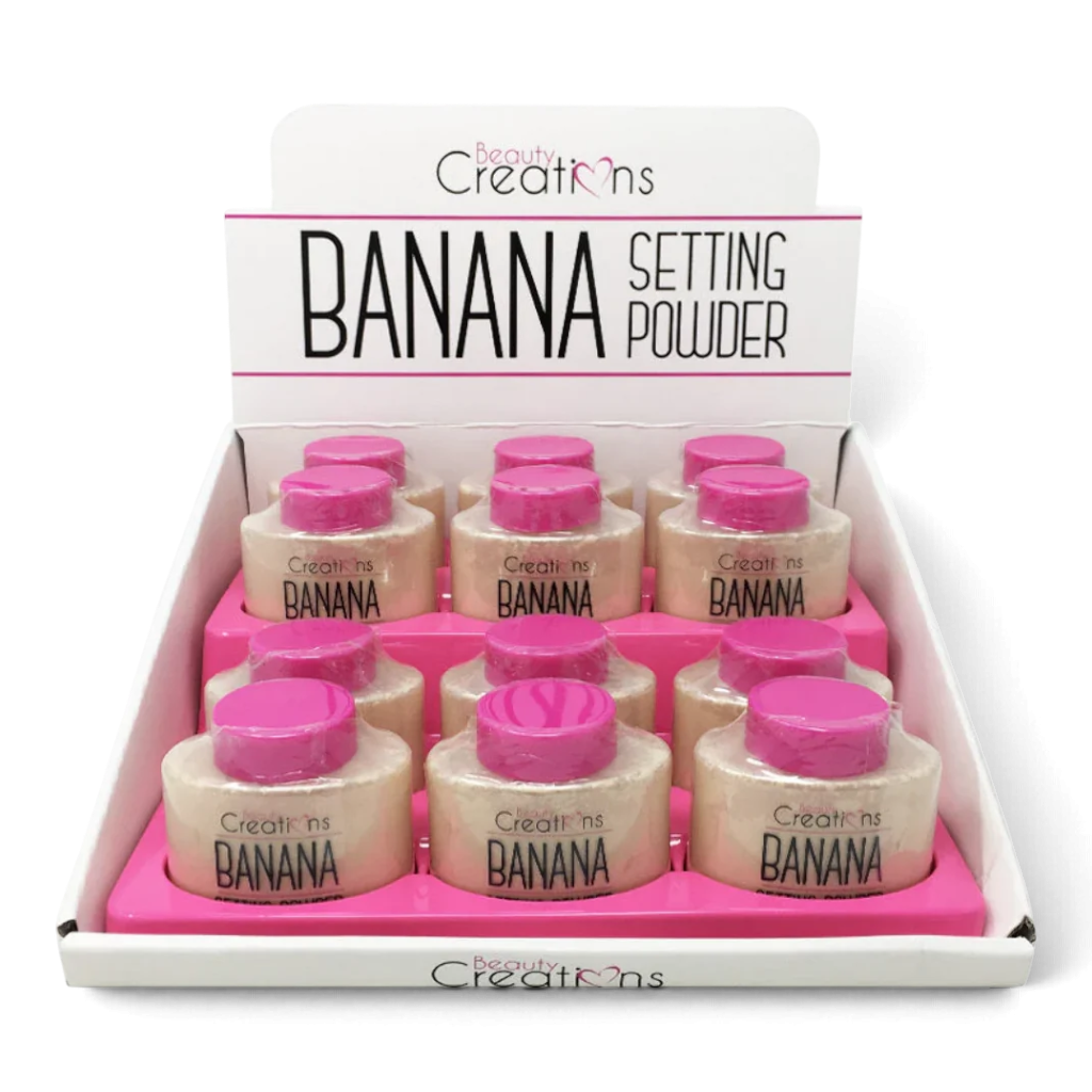 Beauty Creations Banana Setting Powder display box with 12 jars