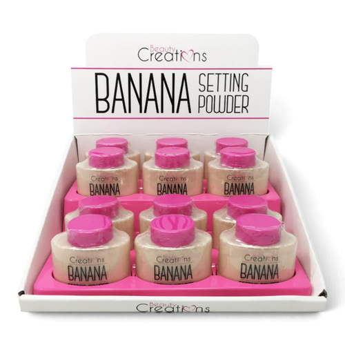 Beauty Creations Banana Setting Powder display box with 12 jars