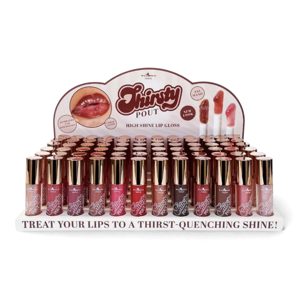 Thirsty Pout High Shine Lip Gloss display with multiple shades and XXL wand applicators