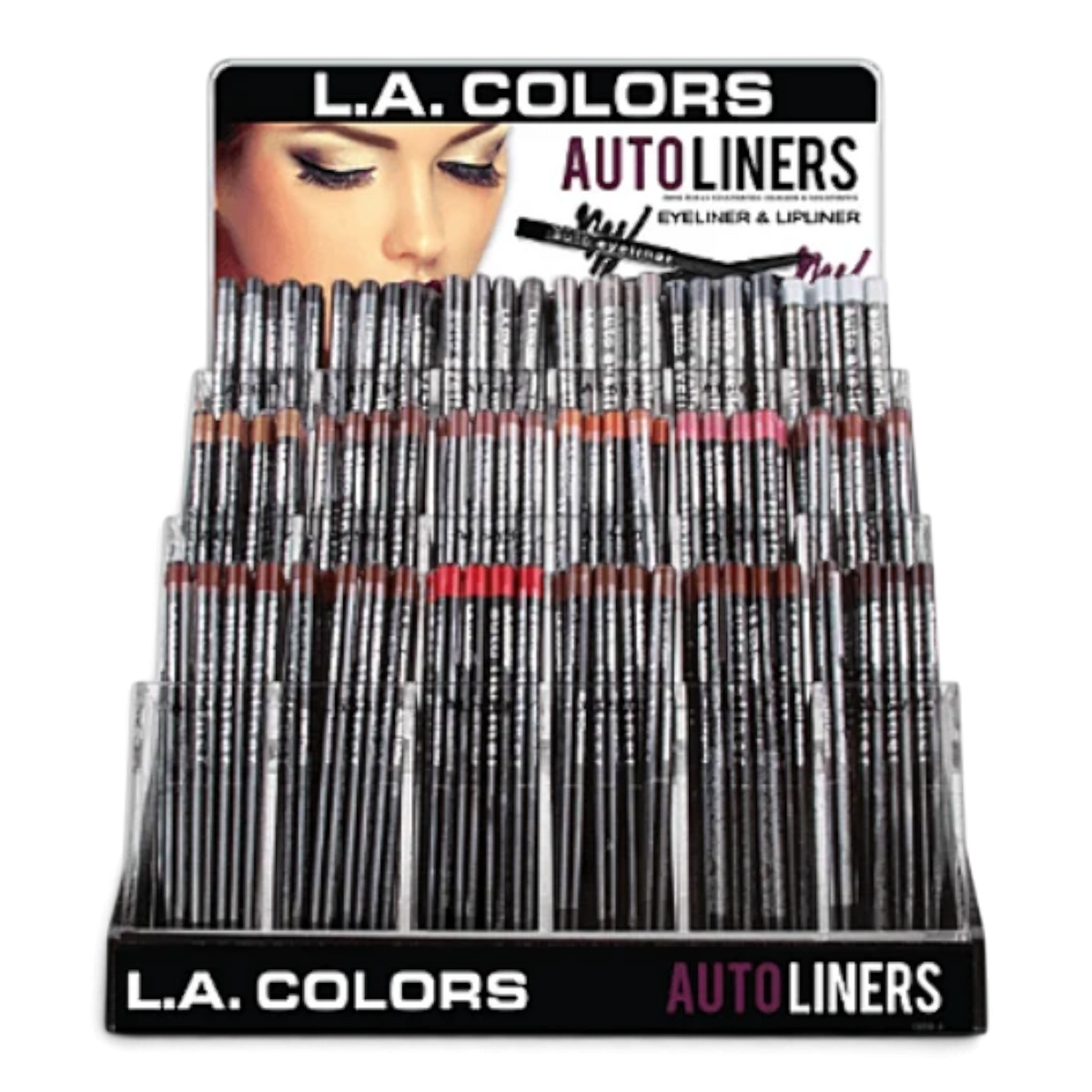 L.A. Colors Auto Liners eyeliner and lipliner pencil display with multiple shades