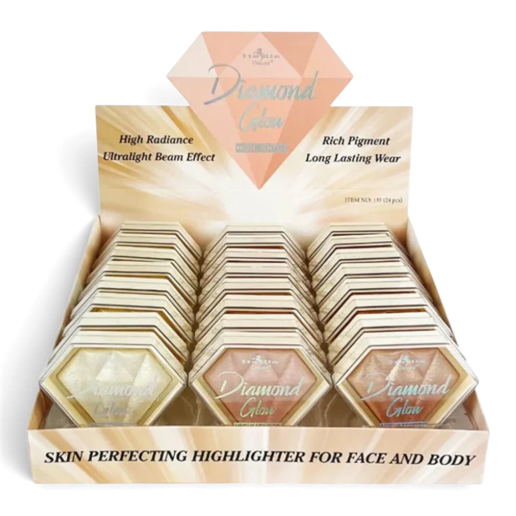 Diamond Glow Skin Perfecting Highlighter display for face and body in diamond-shaped compacts