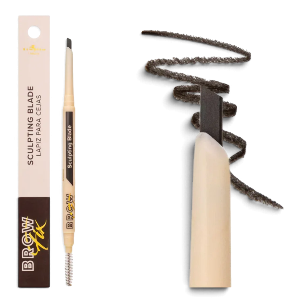 Brow Fix Sculpting Blade eyebrow pencil in Black Brown with spoolie and swatch