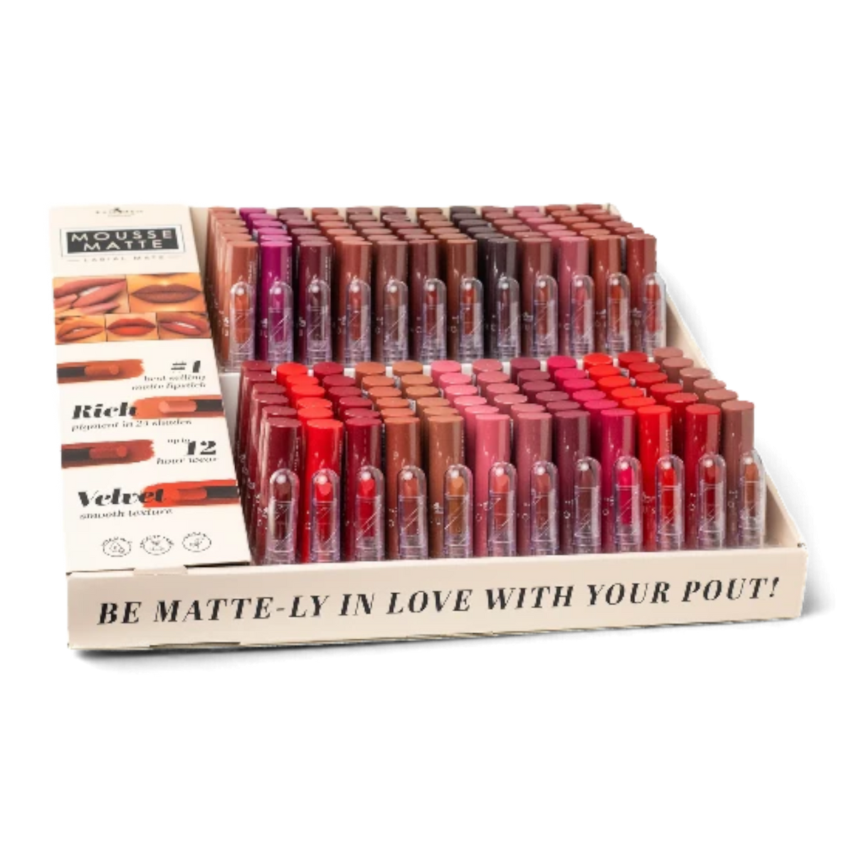 Mousse Matte Lipstick display with 24 shades ranging from nudes to bold reds and berries