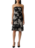 Floral strapless tiered ruffle mini dress in black and ivory - full length view